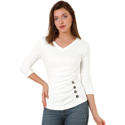 Allegra K Women's V Neck 3/4 Sleeves Solid Knitted Buttons Decor Ruched Blouse 10 Allegra K Women's V Neck 3/4 Sleeves Solid Knitted Buttons Decor Ruched Blouse - Image 10