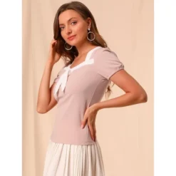 Allegra K Women's Retro Sweetheart Neck Bow Tie Contrast Trim Short Sleeve Blouse -Allegra K GUEST 5e9e136f f946 4882 9677 0a7a4c3d5591