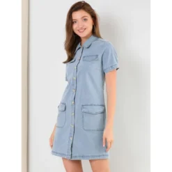 Allegra K Women's Jean Casual Collared Belted Button Down Denim Shirt Dress -Allegra K GUEST 5ec2bba5 cda6 4c23 afc7 f46c34f94559