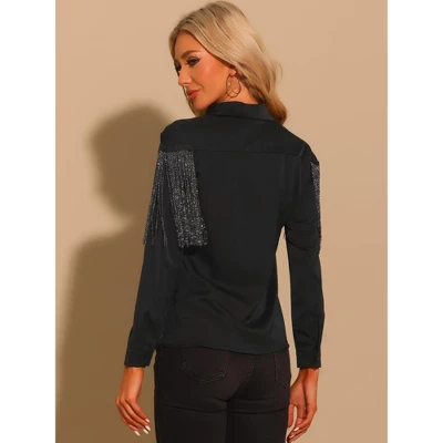 Allegra K Women's Fringe Blouse Long Sleeve Button Down Disco Party Shirts 3 Allegra K Women's Fringe Blouse Long Sleeve Button Down Disco Party Shirts - Image 3