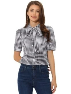 Allegra K Women's Plaid Blouse Bow Tie Neck Puff Short Sleeve Gingham Shirt -Allegra K GUEST 5f6c9b30 3c7a 438e b24e 3eeec8cbfde2