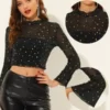 Allegra K Women's Mesh Crop Top Stars Pattern Glitter Sheer See Through Blouse