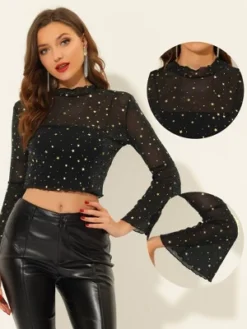 Allegra K Women's Mesh Crop Top Stars Pattern Glitter Sheer See Through Blouse
