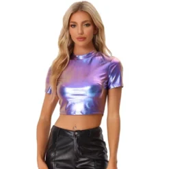 Allegra K Women's Party Short Sleeve Mock Neck Metallic Crop Top -Allegra K GUEST 60262ddd 67ab 4693 a186 3d7ef7d3767f