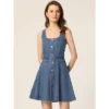 Allegra K Women's Sleeveless Square Neck Button Down Flared Casual Mini Denim Dress