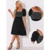 Allegra K Women's Square Neck Puff Short Sleeve Ruffle Summer Smocked Dress