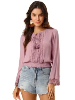 Allegra K Women's Round Neck Bell Long Sleeve Smocked Hem Cropped Blouse -Allegra K GUEST 60ac6fa0 d264 4a05 ad20 51ac586cf22d