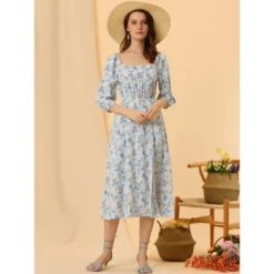 Allegra K Women's Ditsy Floral Square Neck Puff Sleeve Peasant Split Midi Dresses -Allegra K GUEST 618157f5 3e50 4b32 b4c8 d703bd6a3d2f