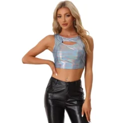 Allegra K Women's Metallic Crop Shiny Sleeveless Cut Out Party Clubwear Holographic Tank Tops -Allegra K GUEST 61a1022b 044b 4e82 8e56 c43d0e22d779