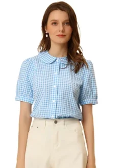 Allegra K Women's Plaid Gingham Blouse Puff Short Sleeve Peter Pan Collar Button Down Shirt -Allegra K GUEST 61f34746 1497 412a 8234 90948f99af95