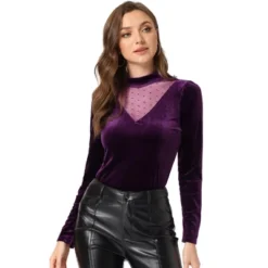 Allegra K Women's Casual Velvet Long Sleeve Choker Neck Heart Dots Mesh Panel Top -Allegra K GUEST 622a2c55 7558 44c4 b3fe dbe6c2f51c58