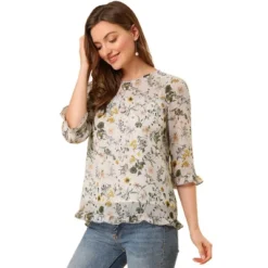 Allegra K Women's Casual Round Neck Ruffle 3/4 Sleeve Floral Print Chiffon Blouse -Allegra K GUEST 623f35eb c68a 4166 a04d e3cedab5f635