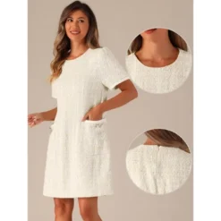 Allegra K Women's Tweed Short Sleeve A-Line Vintage Mini Causal Dresses