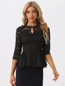 Allegra K Women's Floral Lace Keyhole Front Sheer 3/4 Sleeve Peplum Blouses -Allegra K GUEST 628b2bd6 4382 48a2 a13e c84349be281f