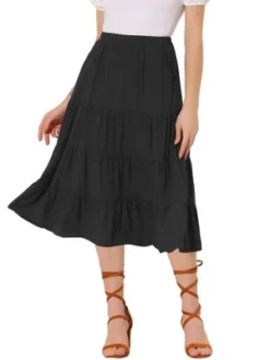 Allegra K Women's Midi Solid Elastic Waist Flare Tiered Long A-Line Skirt With Pockets -Allegra K GUEST 62f434cc 057e 4436 a360 972d2fa7a157