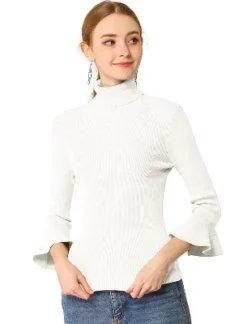 Allegra K Women's Ruffle Sleeves Pullover Turtleneck Stretchy Knit Sweater Slim Fit Shirt -Allegra K GUEST 62fdf037 39ae 42ba 8121 4e741c32a52f