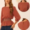 Allegra K Women's 3/4 Sleeve Round Neck Smocked Waist Peplum Blouse