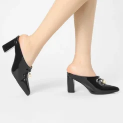 Allegra K Women's Pointed Toe Pearl Bow Chunky Heel Slides Mules