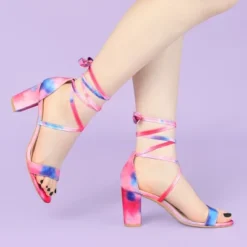 Allegra K Women's Tie Dye Lace Up Strappy Chunky Heels Sandals