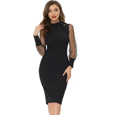 Allegra K Women's Mock Neck Mesh Dots Long Sleeve Button Decor Sheath Midi Dress 5 Allegra K Women's Mock Neck Mesh Dots Long Sleeve Button Decor Sheath Midi Dress - Image 5