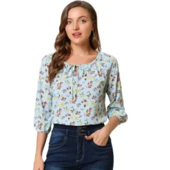 Allegra K Women's Bow Tie Round Neck 3/4 Raglan Sleeve Floral Blouse Tops -Allegra K GUEST 64d938d9 508e 4289 aecd 6a1e71607be8