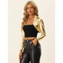 Allegra K Women's Cropped Holographic Party Shimmering Shiny Lightweight Metallic Shrugs
