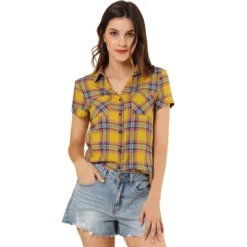 Allegra K Women's Point Collar Short Sleeve Button Down Plaid Shirt -Allegra K GUEST 655c52c3 8b6f 449d bcff fd00bcba3bb7