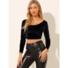 Allegra K Women's Velvet Scoop Neck Long Sleeve Solid Crop Top