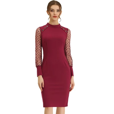 Allegra K Women's Mock Neck Mesh Dots Long Sleeve Button Decor Sheath Midi Dress 6 Allegra K Women's Mock Neck Mesh Dots Long Sleeve Button Decor Sheath Midi Dress - Image 6