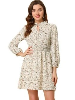 Allegra K Women's Smocked Waist Tie Neck Floral Long Sleeve Dress -Allegra K GUEST 66208c71 257a 4cf7 ac99 1f37cd96093b
