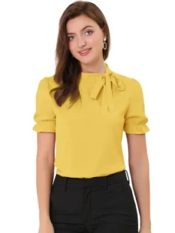 Allegra K Women's Bow Tie Neck Elegant Office Short Sleeve Blouse -Allegra K GUEST 667ba070 d7b4 4ce4 add1 45d3b3cc13a1