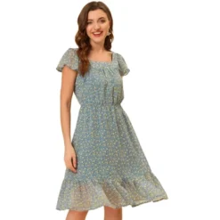 Allegra K Women's Floral Chiffon Flutter Sleeve Belted Square Neck Ruffled Hem Dress -Allegra K GUEST 66a1153d d767 492b a723 d974523a8da2