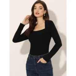 Allegra K Women's Vintage Ribbed Long Sleeve Square Neck Pullover Tops