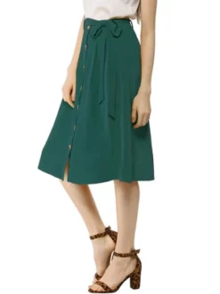 Allegra K Women's Button Front Casual High Waist Belted Midi Flare Skirt