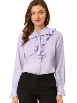 Allegra K Women's Ruffle Tie Neck Ruffle Cuff Button Front Solid Work Shirt -Allegra K GUEST 67454555 a481 4596 abea 341c3b88b8e9