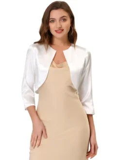 Allegra K Women's Satin Elegant 3/4 Sleeve Solid Bolero Shrug Tops -Allegra K GUEST 67a1eea6 59d4 42ca a9eb 404564298cfb