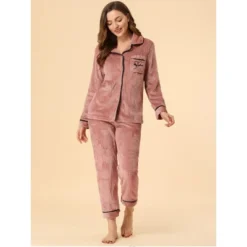 Allegra K Women's Flannel Button Down Lounge Winter Long Sleeves Pajama Sets