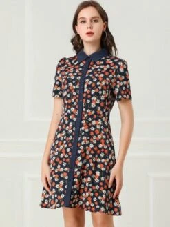 Allegra K Women's Short Sleeve Contrast Collar Belted Floral Shirt Dress -Allegra K GUEST 67c5b5f9 c76b 4adf b14c 3ef0e78b7045