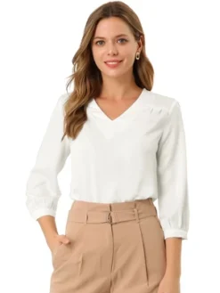 Allegra K Women's V Neck 3/4 Sleeve Casual Office Work Satin Blouses -Allegra K GUEST 67fad403 031f 4743 87ca a76fc02c1d42