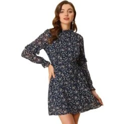 Allegra K Women's Floral Dress Mock Neck Tie Waist Ruffle Shift Chiffon Dress -Allegra K GUEST 68060479 50fb 4a85 82db 908c450c016a