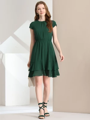 Allegra K Women's Ruffled Hem Cap Sleeve High Waist A-Line Layered Work Office Midi Dress 2 Allegra K Women's Ruffled Hem Cap Sleeve High Waist A-Line Layered Work Office Midi Dress - Image 2