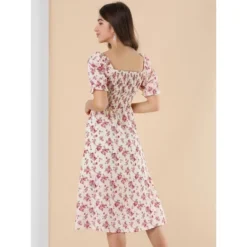 Allegra K Women's Square Neck Puff Sleeves Casual Midi Smocked Floral Dress -Allegra K GUEST 693eeb41 a9b5 42b7 98e5 befad7b91985