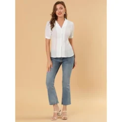 Allegra K Women's Camp Collar Button Front Textured Short Bubble Sleeve Shirt