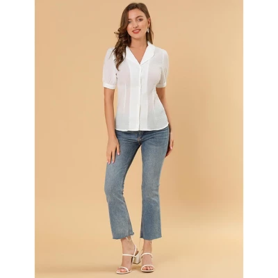 Allegra K Women's Camp Collar Button Front Textured Short Bubble Sleeve Shirt 1 Allegra K Women's Camp Collar Button Front Textured Short Bubble Sleeve Shirt