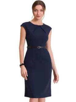 Allegra K Women's Elegant Business Round Neck Belted Cap Sleeve Work Sheath Dresses -Allegra K GUEST 69fd5a50 81e7 4415 95e5 abf662ced673