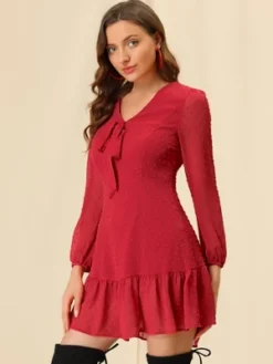 Allegra K Women’s Ruffle Hem Bow Tie V Neck Long Sleeve Swiss Dots Mini Dress -Allegra K GUEST 6a419663 d5b1 494c 9e21 8422cbef412b