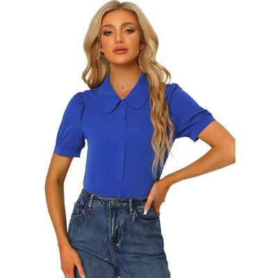 Allegra K Women's Peter Pan Collar Short Sleeve Button Front Work Shirt 9 Allegra K Women's Peter Pan Collar Short Sleeve Button Front Work Shirt - Image 9