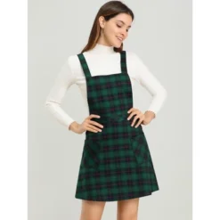 Allegra K Women's Plaid Tartan Button Decor A-Line Pinafore Overall Dress