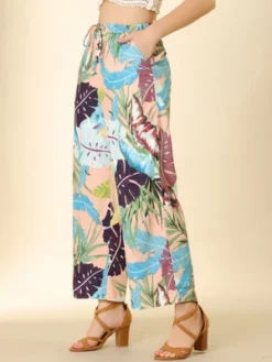 Allegra K Women's Floral Casual Elastic Waist Wide Leg Tropical Trouser
