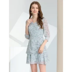 Allegra K Women's Floral 3/4 Sleeve Ruffle Hem Buttons Decor Drawstring Ruched Chiffon Dress